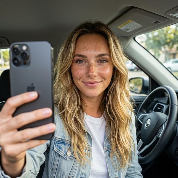 Реалистичный селфи на смартфон в современном автомобиле