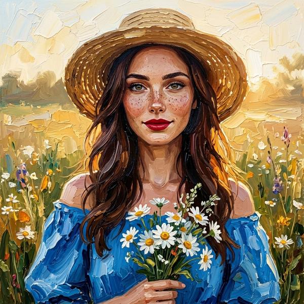 Масляная живопись портрета женщины в соломенной шляпе